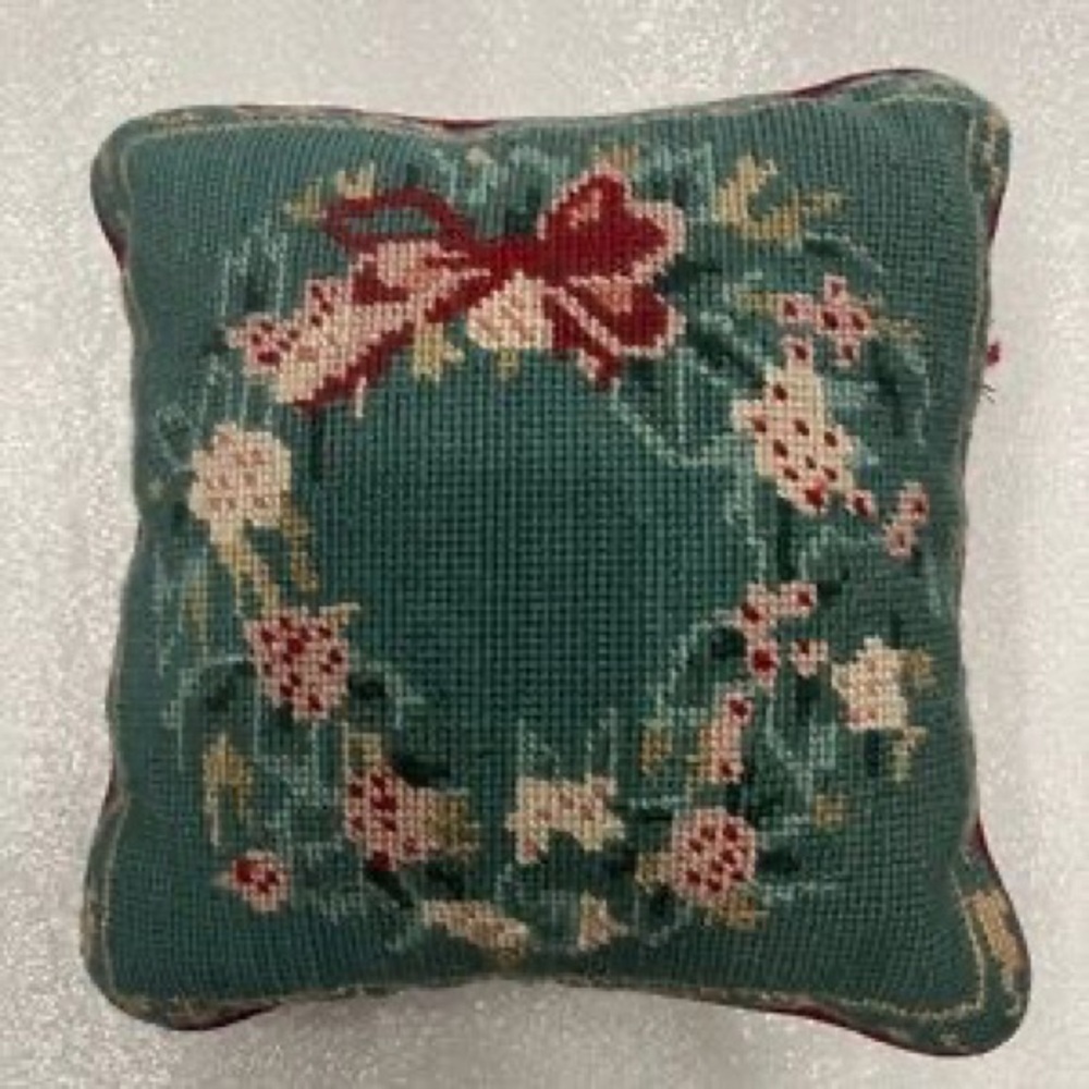 Holiday Needlepoint Decorative Throw Pillow - Red, Green, Cream - Picture 4 of 7